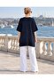Women's Navy Blue Oversize Side Slit Long Soft Textured Knitwear Sweater Hzl28W-Wm3390 - 3