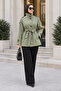 High-Collar Belted Trench Coat - Green - 2