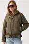 Women's Stand Collar Quilted Coat with Drawstring Bottom and Pockets, Khaki - 4