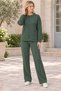Women's Round Neck Long Sleeve Off Shoulder Woven Detailed Slit Pocket Stylish Casual Green Sweatshirt Trousers Two-Piece Set - 5