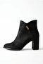 Women's Thick Heeled Round Toe Zippered Ankle Boots with Logo Detail - Elisa - Black Suede - 3