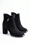 Women's Thick Heeled Round Toe Zippered Ankle Boots with Logo Detail - Elisa - Black Suede