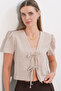 Women's Short Sleeve Crop Blouse 958 - Beige - 2