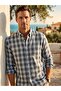 Loose Fit Square Patterned Pocketed Long Sleeve Navy Blue Shirt