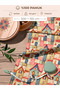 100% Cotton Satin Patchwork Fabric – 300X155 cm – Fairy Tale Houses Patterned, in Coral Blue and Beige Tones