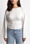 2240 Women's Drawstring Detailed Crew Neck Spanish Sleeve Blouse White - 2