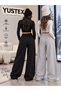 2 Pieces Ny Printed Hooded (Black and Grey) Winter Sweatpants Set with Wide Legs, Oversized Fit and Side Pockets - 3