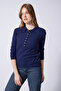 Polo Collar Buttoned Tricot Sweater with Padded Details Navy Blue - 3