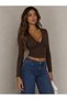 Brown V-Neck Long Sleeve Crop Blouse with Gathered Detail on the Chest, Bitter Brown V-Neck Blouse - 2