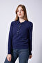 Polo Collar Buttoned Tricot Sweater with Padded Details Navy Blue