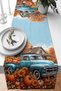 Vintage Turquoise Pickup Truck, Pumpkin and Autumn Flowers Decorative Digital Printed Runner 40X140Cm