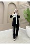 Women's 3-Piece Set Long Jacket T-Shirt Trousers Double Crepe Relaxed Cut Daily Hijab Set N-05553 _ Black