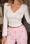 Women's Pink Bow Patterned Lace Detailed Long Sleeve Cotton Pajama Set - 2