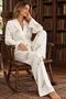 Ecru Yellow Floral Patterned Double Breasted Collar Belted Long Sleeve Women's Pajama Set - 3