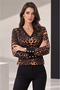 Women's Long Sleeve V-Neck Button Detail Leopard Pattern Blouse - 2