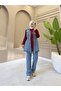Women's 3-Piece Denim Set – Modern Hijab Casual Combination with Buttoned Pockets N-05542 _ Burgundy
