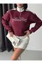 Women's Burgundy Contrast Shoulder Detailed High Neck Crop Sweatshirt Get26394