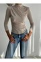 Women's Beige Half Turtleneck Long Sleeve Sandy Fabric Blouse with Shoulder and Side Gathering - 3