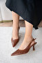 Punch Laser Cut Women's Heeled Shoes - Tan Shiny - 2