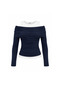 Women's Navy Blue Athlete-Look Off-Shoulder Draped Long Sleeve Soft Blouse - 100% Cotton - 6