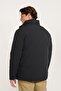 Men's Black Standard Fit Regular Cut Stand Collar Zippered Fleto Pocket Coat - 6