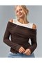 Women's Brown Athlete-Style Off-Shoulder Draped Long Sleeve Soft Blouse - 100% Cotton - 4