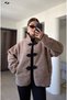 Black Piping Detailed Button Closure Teddy Coat - 3