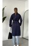 Women's Navy Blue Belted Double-Breasted Trench Coat Long Sleeve Double Row Buttoned Lined Belted Trench Coat Jacket - 4