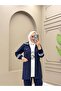 Women's 3-Piece Tracksuit Set – Long Top with Zipper Pockets, Hijab, Casual Two-Yarn Set N-05554 _ Navy Blue - 2