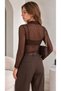 Women's Brown Stripe Patterned Flocked Tulle Printed Button Detailed High Collar Long Sleeve Blouse - 4