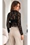 Women's Black Floral Patterned Flocked Tulle Printed Button Detailed High Collar Long Sleeve Blouse - 8