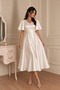 Women's Off-White Satin Dress – V-Neck Short Sleeve Flared Cut Midi Event Dress - 5
