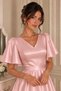 Women's Powder Pink Satin Dress – V-Neck Short Sleeve Flared Cut Midi Event Dress - 2
