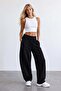 Women's black folded high waist 3 thread inner raised baggy sweatpants alc-x15887