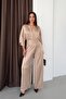 Beige Double-Breasted Belted Wide-Sleeve Jumpsuit