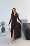 Women's Brown Floral Patterned Flock Printed Glittery Double Breasted Collar Long Sleeve Tulle Evening Dress - 5