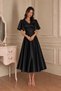 Women's Black Satin Dress – V-Neck Short Sleeve Flared Cut Midi Event Dress