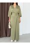 Khaki Double-Breasted Belted Wide-Sleeve Jumpsuit - 6