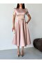 Powder Balloon Sleeve Slim Belted Midi Satin Evening Dress - 6