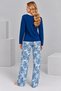 Women's Navy Blue Lace Collar Patterned Cotton Pajama Set - 4
