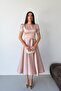 Powder Balloon Sleeve Slim Belted Midi Satin Evening Dress
