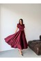 Burgundy Balloon Sleeve Slim Belted Midi Satin Evening Dress - 3