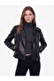 Long Sleeve Zippered Faux Leather Crop Biker Jacket - 2