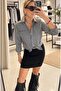 Women's Black and White Gingham Shirt with Rose Embroidery on the Collar and Back Print Detail - 2
