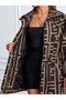 Women's Coffee Labient Patterned Plus Size Side Gathered Foldable Sleeve Lined Trench Coat - 5