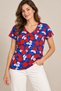 Women's V-Neck Short Sleeve Big Flower Print T-Shirt - Red Blue Floral