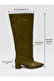 Oil Green Leather (Losy) XL Wide Toe Thick Leg 5 cm Heeled Boots - 6
