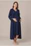 Women's Navy Blue Lace Long Sleeve Maternity Nightgown Set with Nursing Detail and Robe - 4