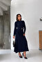 Women's Navy Blue Stylish Belted and Cuff Button Detailed Long Knit Dress - 4