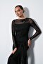 Women's Black Front Tie Boat Neck Long Sleeve Tulle Dress - 4